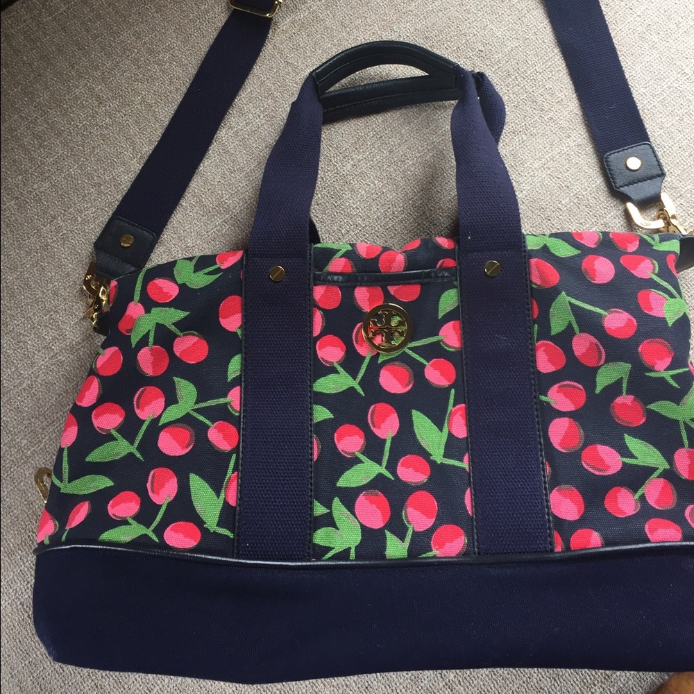 Tory Burch Navy and Cherry Print Satchel